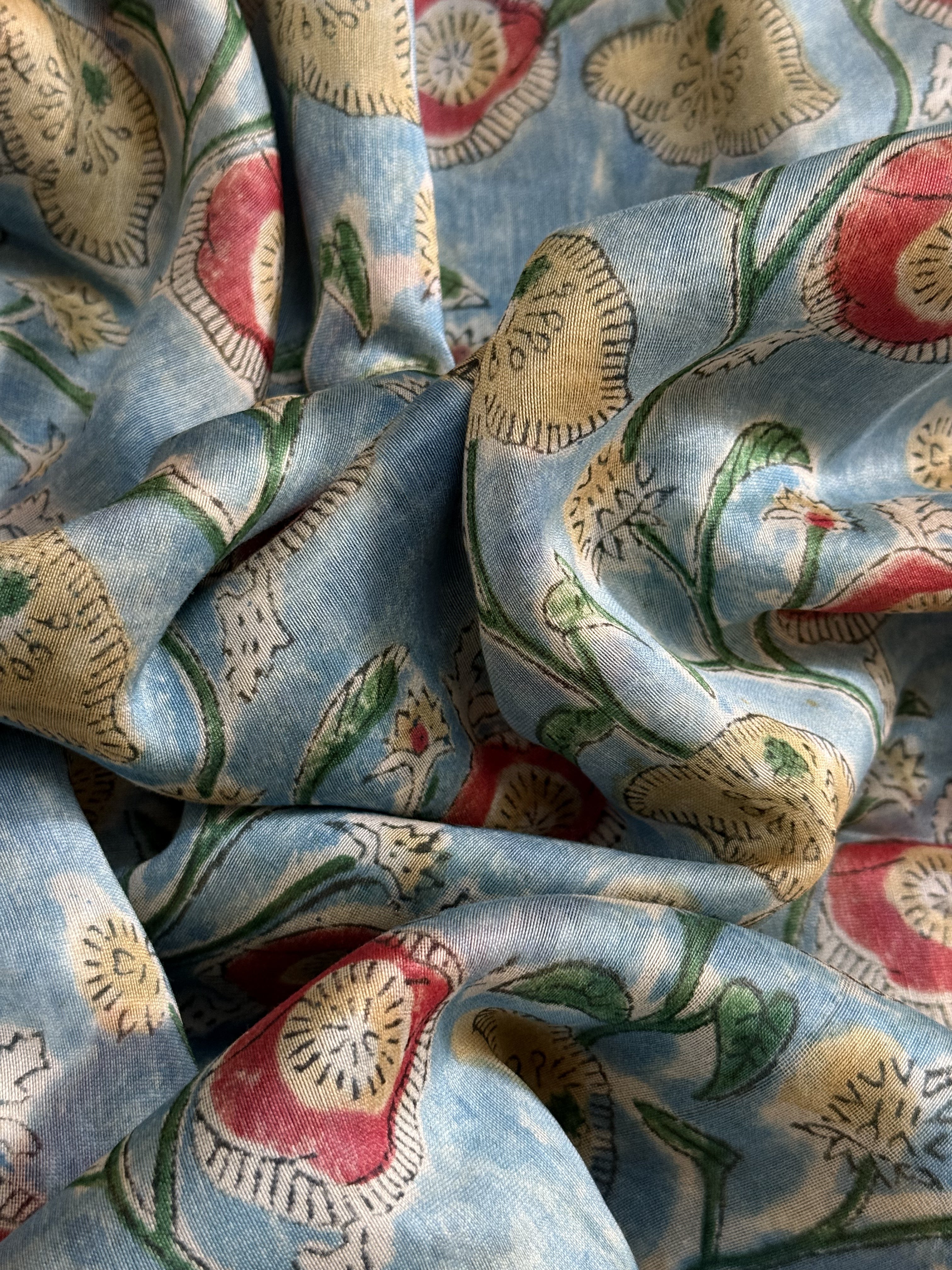 Thiya | Blue Floral Block Printed Chanderi Saree