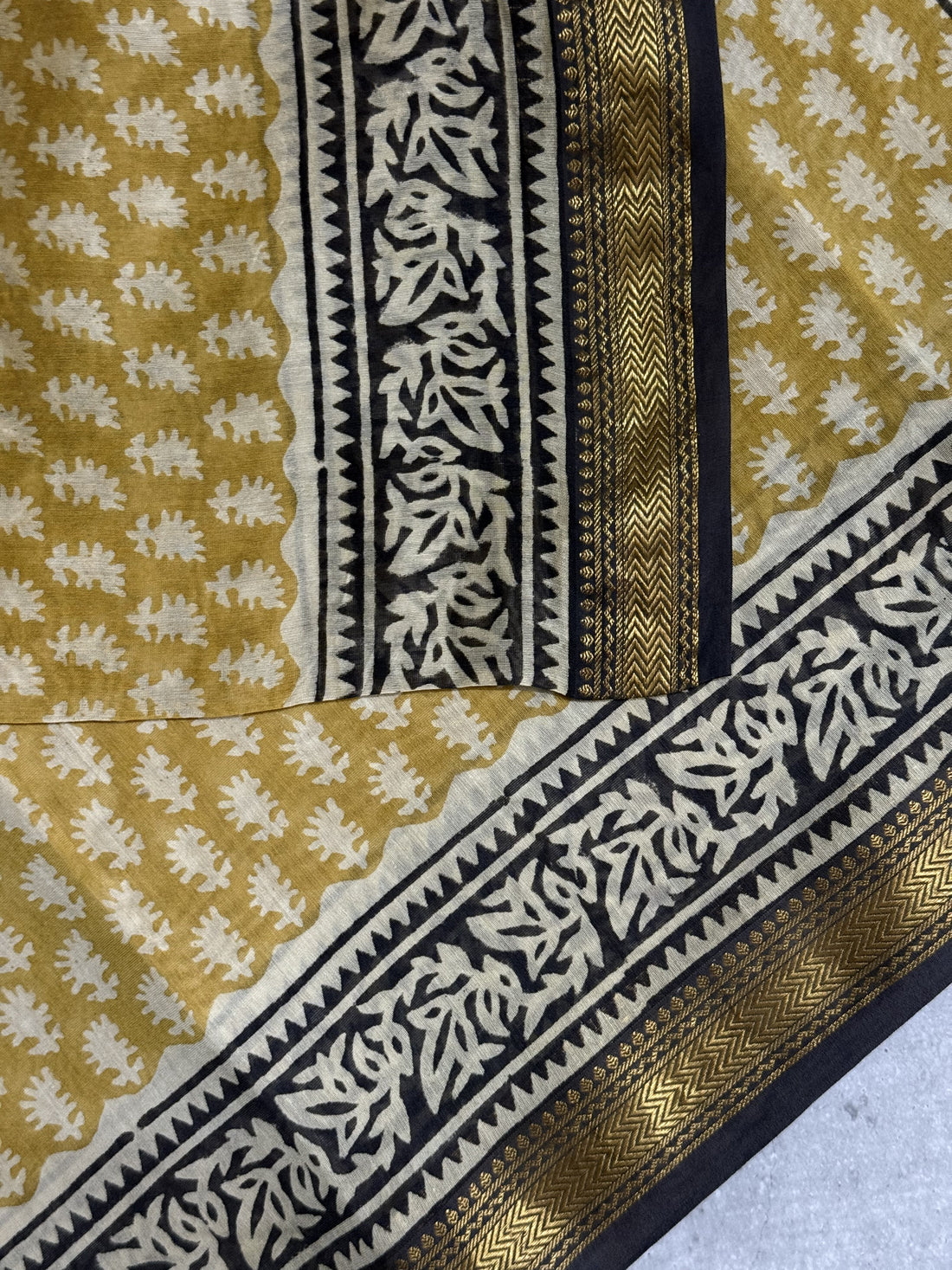 Udvaha | Mustard and Black Block Printed Maheshwari Saree